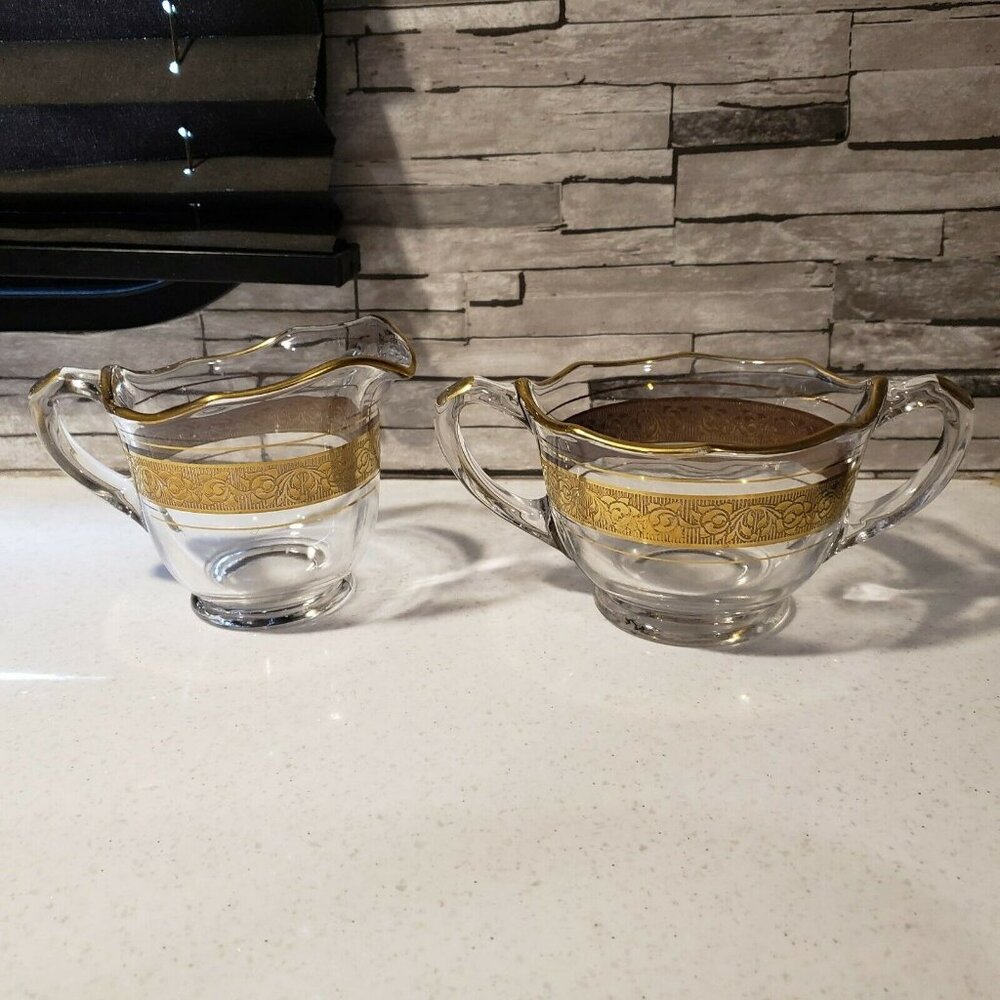 Glastonbury Lotus Rambler Rose 22K Gold Creamer and Open Sugar Bowl Vintage